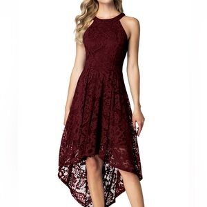 Sleeveless Lace High-Low Dress in Burgundy